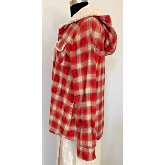 White Crow Shacket Size Large Red Cream Black Plaid Hooded Flannel Faux Fur‎ - Picture 7 of 15